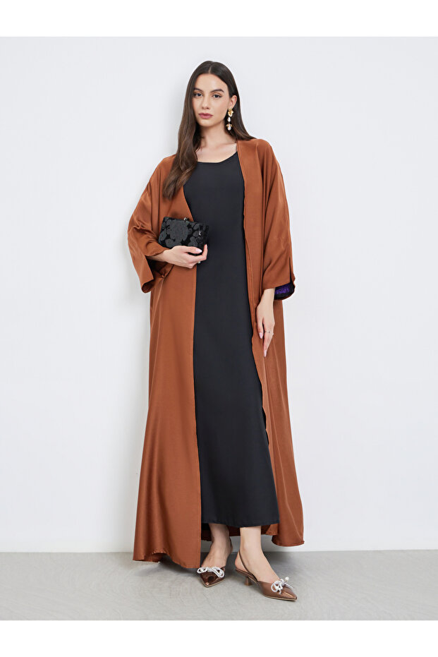 Solid Open Front Satin Abaya - 1