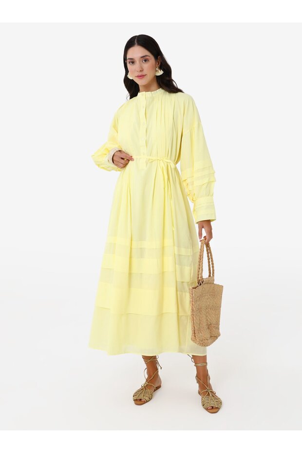 Balloon Sleeve Tiered Hijab Dress - Yellow - Mrs Poleen