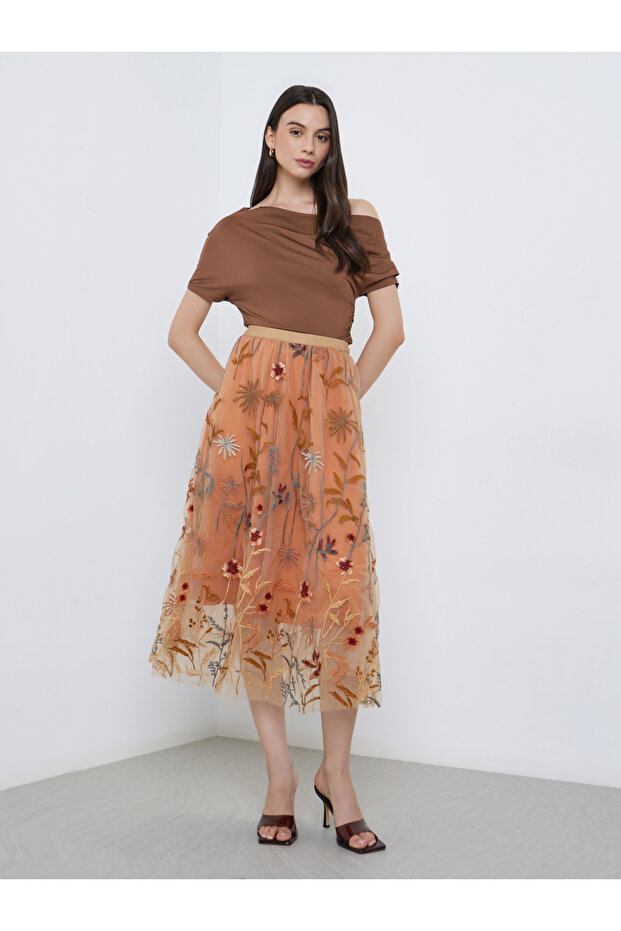 Women's A-Line Floral Embroidery Mesh Maxi Skirt