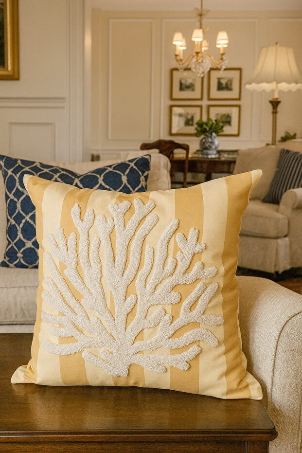 Punch Embroidered Throw Pillow Cover - 43*43 cm - Yellow Coral - Pnk001