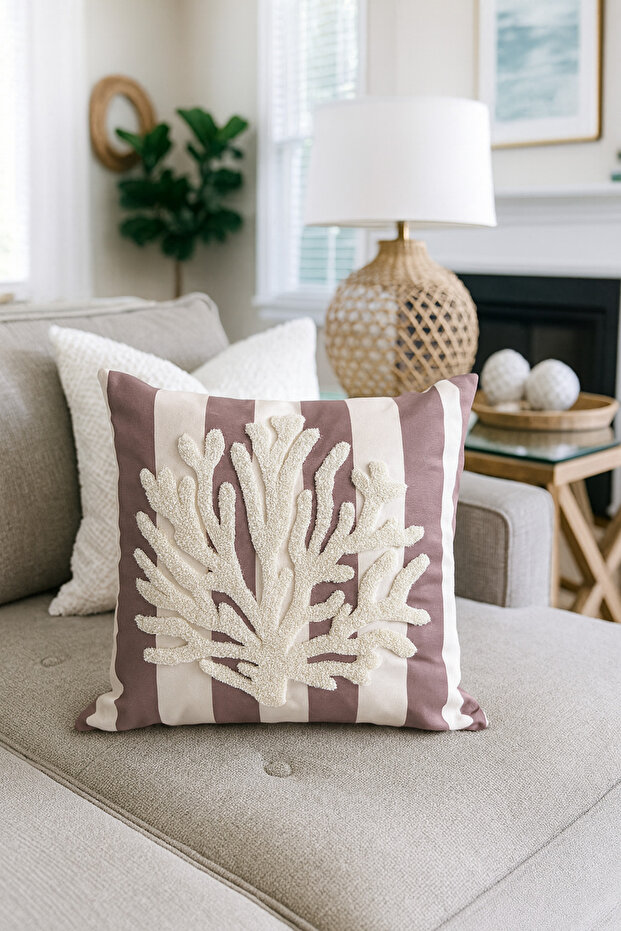 Punch Embroidered Throw Pillow Cover - 43*43 cm - Mocha Coral - Pnk001