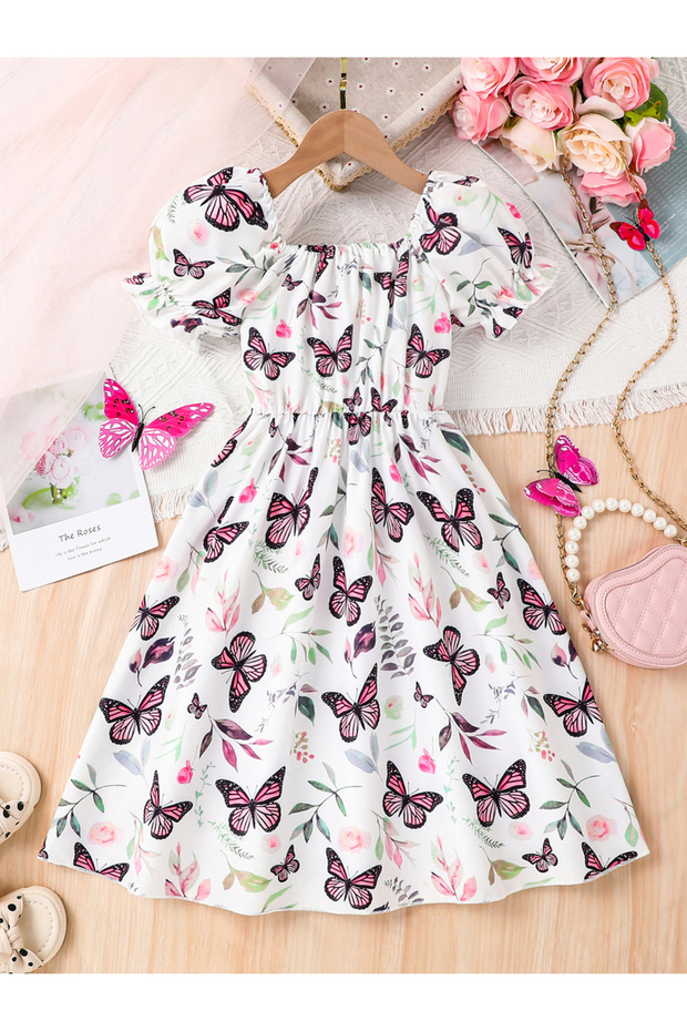 Girls Butterfly Print Puff Sleeve A-line Dress