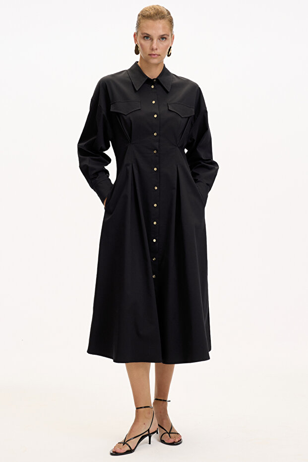 Gömlek Yaka Uzun Kollu Cepli Regular Düğmeli Midi Elbise - 4