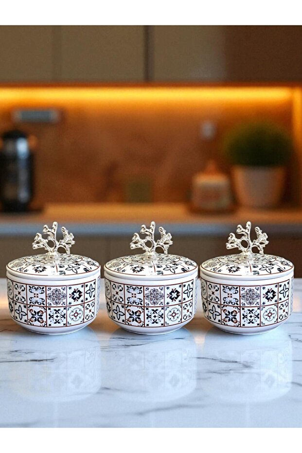 Kitchen Accessory 3-Piece Breakfast Storage Container Spice Rack Sugar Bowl Ceramic Pattern Silver