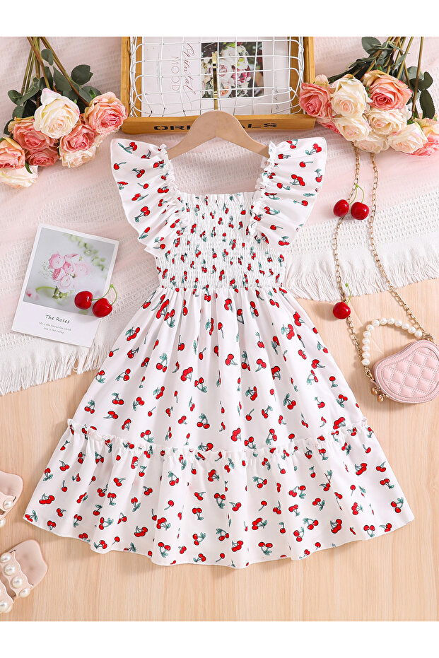 Girls Cherry Print Ruffled Sleeve Dress