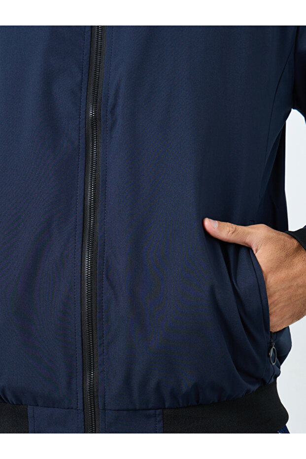 Men Dark Blue Solid Bomber Jacket - 4