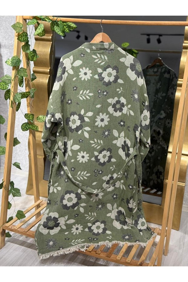 Muslin Kimono 100% Cotton Floral Patterned Jacquard Bathrobe Kaftan Dressing Gown Khaki