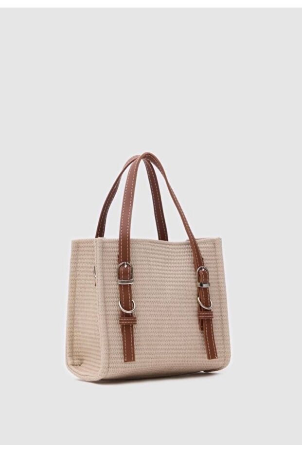 Hasır krem detaylı çapraz çanta bej - 2