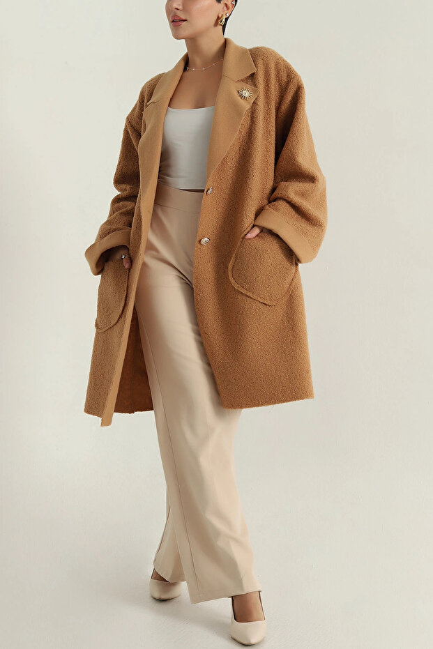 Women's Boucle Cashmere Coat with Brooch Detail