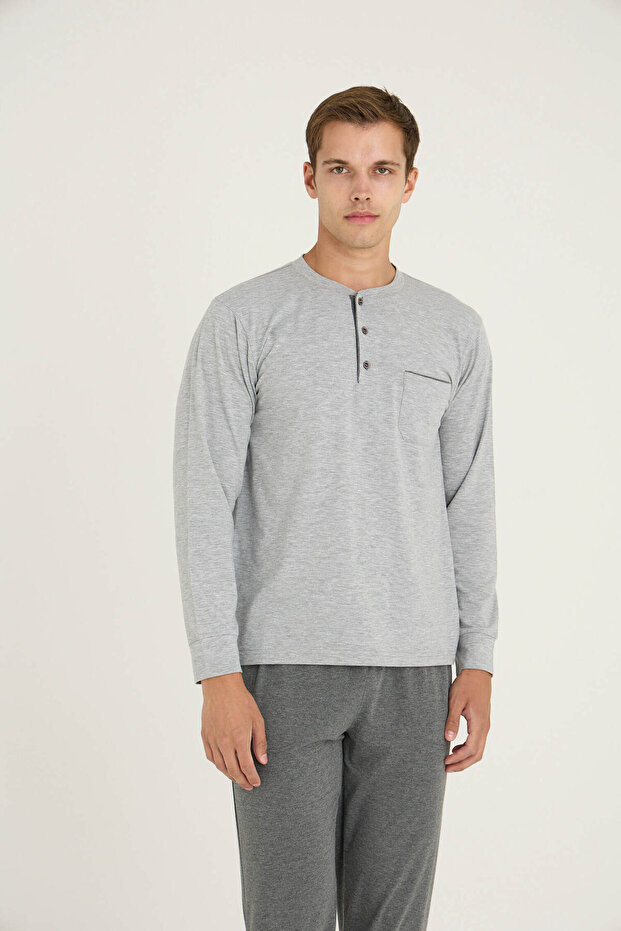 Men's Midi Collar Sleeves + Ribbed Leg Pajama Set Comfortable Sleepwear