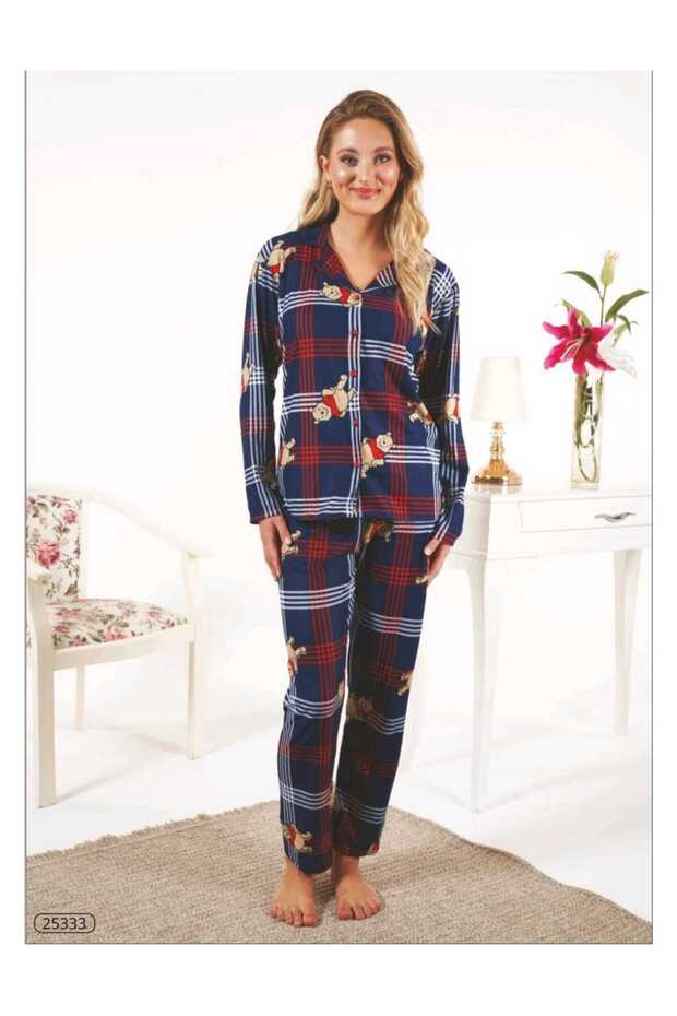 Bear Printed Front Buttoned Suede Pajama Set