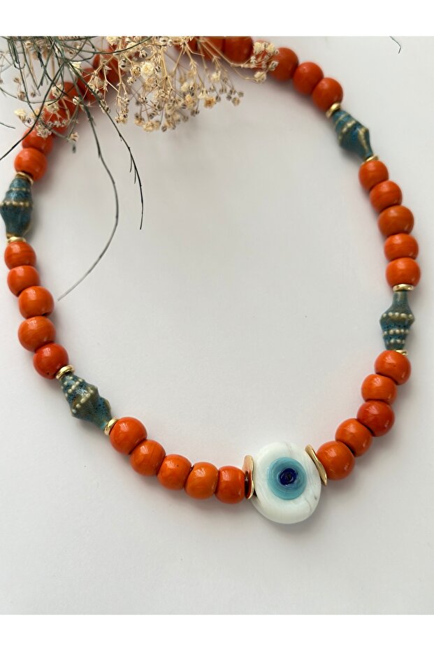 White Evil Eye Calabash Eye Glass Bead Detailed Orange Glass Basement Bead Necklace Design Basement Necklace