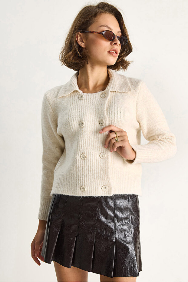 Women's Stone Polo Collar Buttoned Soft Cardigan 255252 60284080