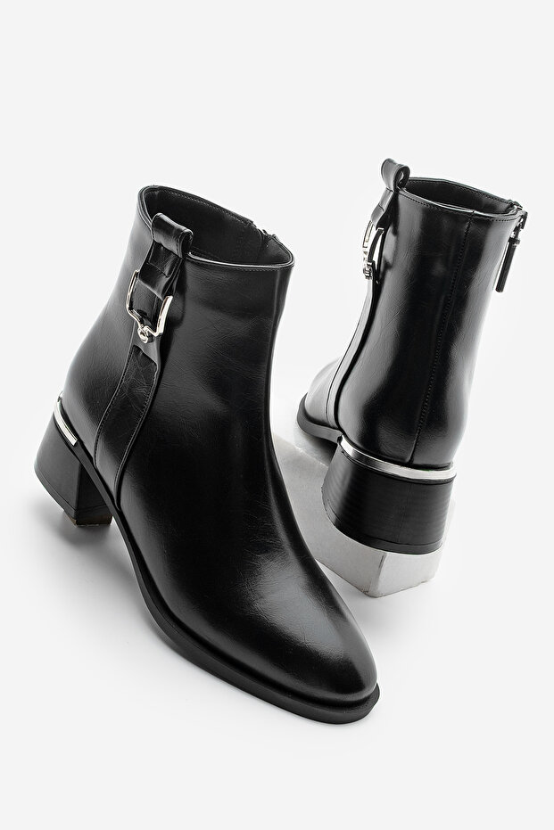 Women's Thick Heel Buckle Metal Heel Heeled Boots Dimon Black