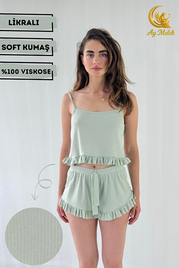 Women's Crop Strap Ruffle Detailed 100% Cotton Mini Shorts Pajama Set Dowry