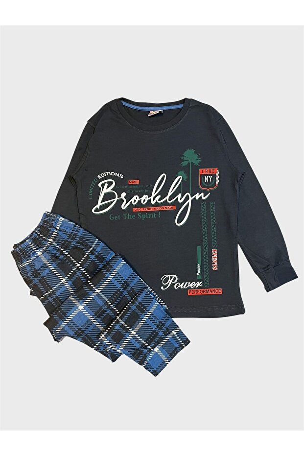 Boy's Cotton Smoked Color Brooklyn Lettering Six Plaid Pattern Long Sleeve Pajama Set
