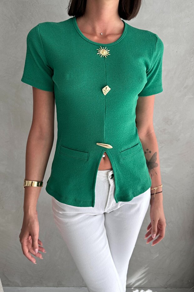 Women's Green Ribbed Knitted Blouse with Pockets and Accessories