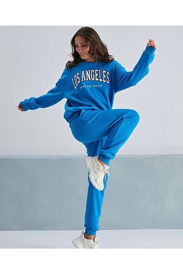 Plus Size Crew Neck Los Angeles Printed Winter Oversize Women's Tracksuit Set