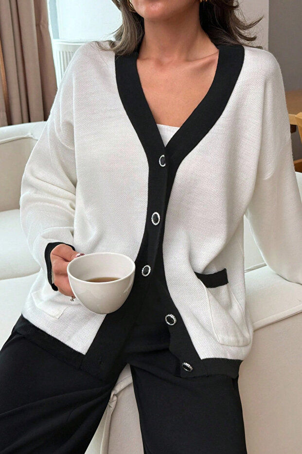 Women's “White Black Ribbed V-Neck Soft Textured Pocketed Buttoned Knit Cardigan”