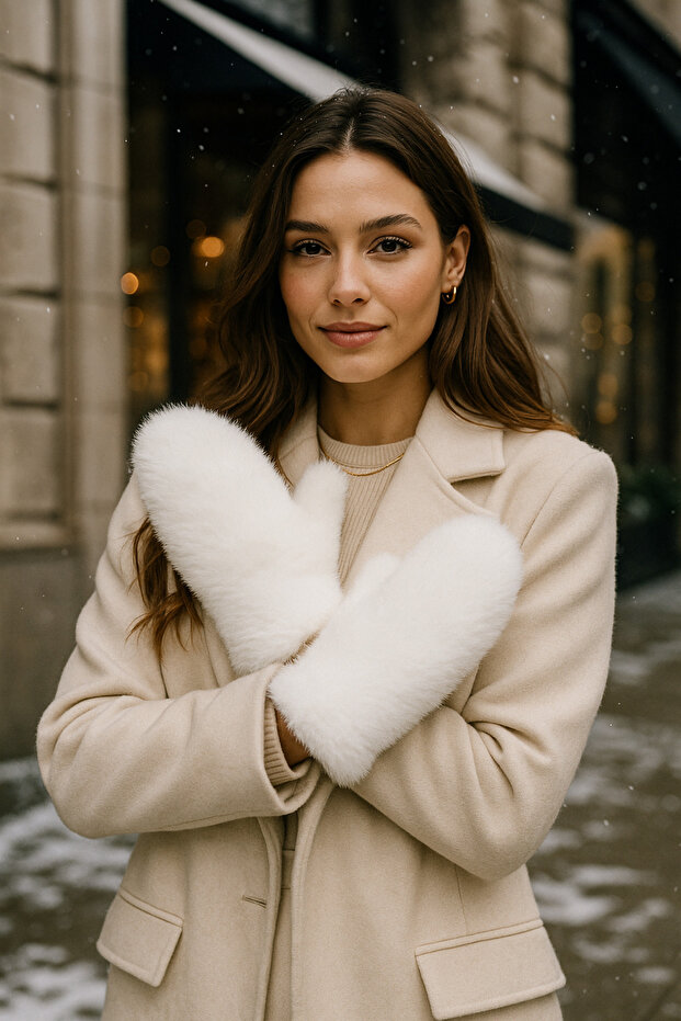 Kadın Ekru Peluş Eldiven ELD32 - 3