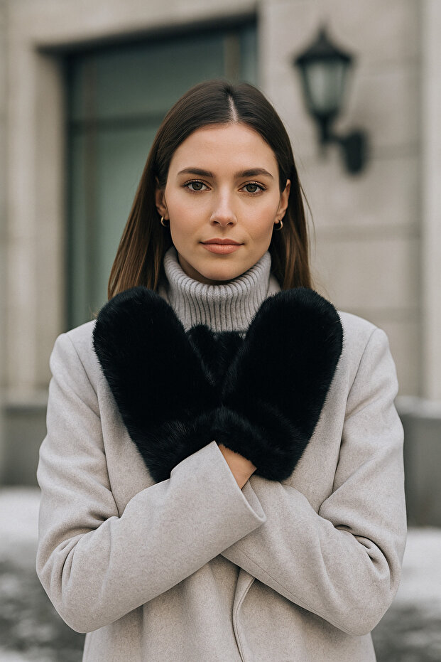 Kadın Siyah Peluş Eldiven ELD32 - 5