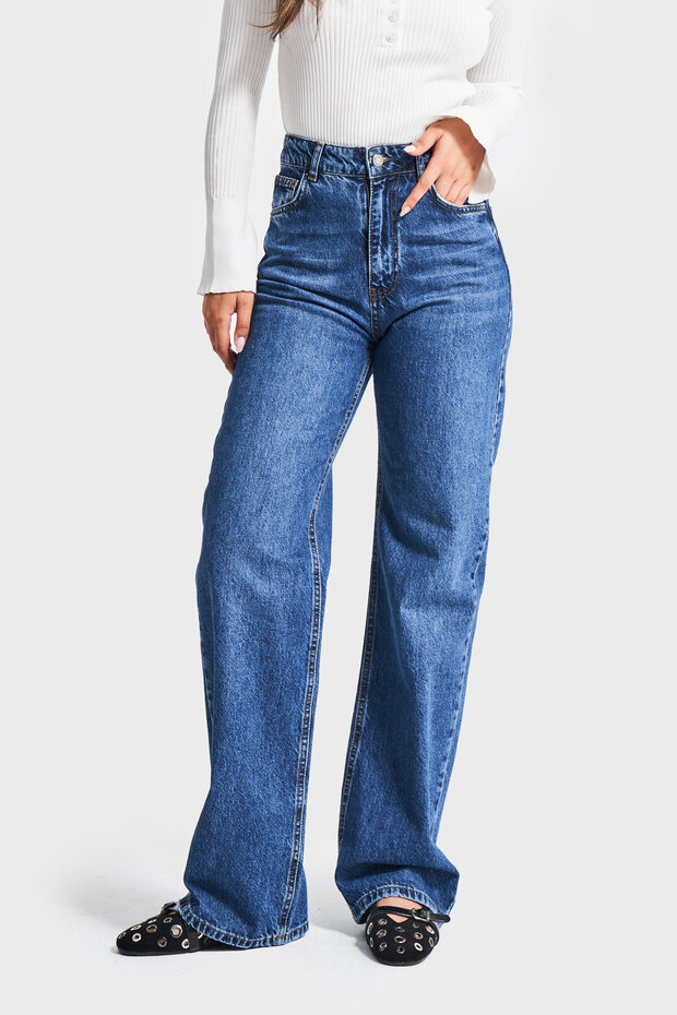 Women's Blue Color Doris 2W5-5 Straight Fit High Waist 100% Cotton Inner Length 80cm Denim Jean