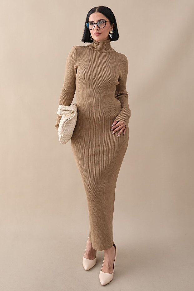 Fitilli Triko Elbise Camel - 1