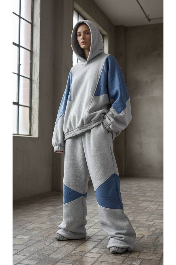Design Hooded Oversize Sweatshirt with Jean Detail Tracksuit Set
