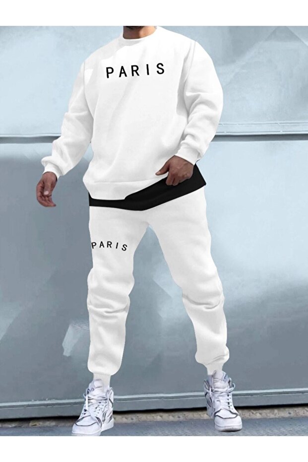 Men's White Paris Printed Crew Neck Tracksuit Set