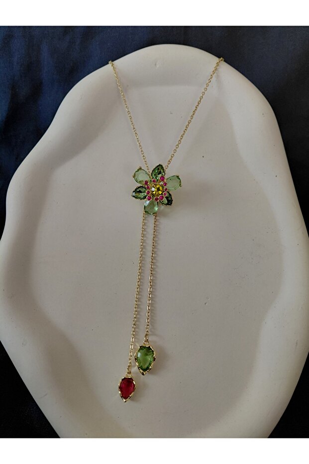 Zircon Stone Green Flower Elevator Y Steel Necklace