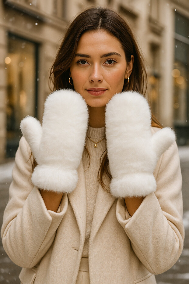 Kadın Ekru Peluş Eldiven ELD32 - 1