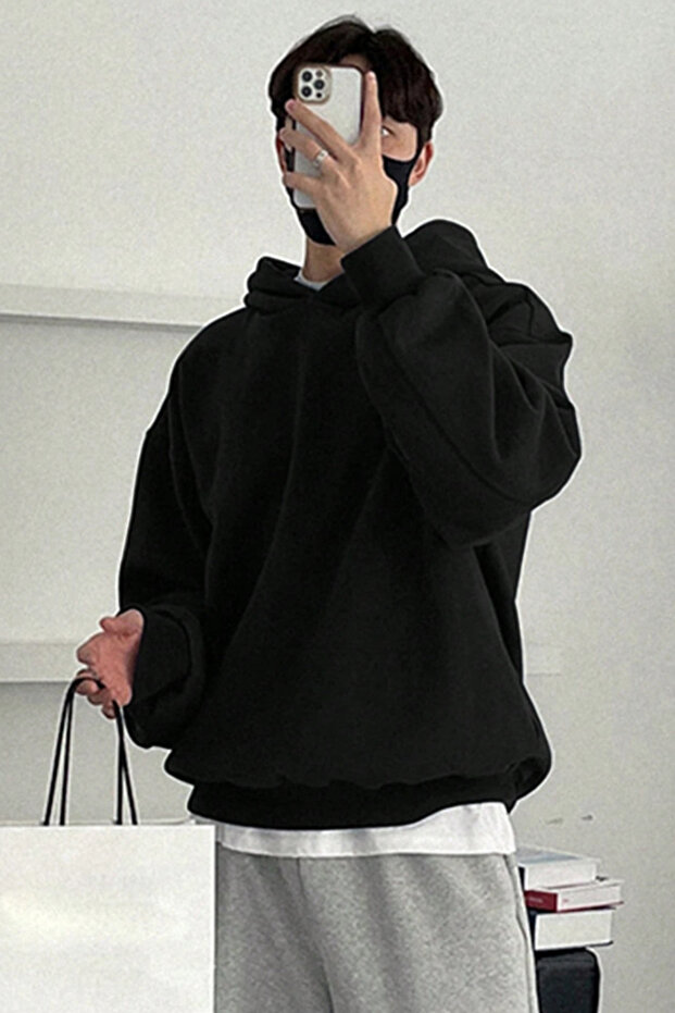 Erkek Siyah Kapüşonlu Oversize Sweatshirt - 2