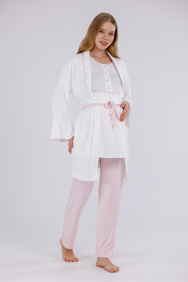 Women's Powder Shawl Collar Cotton Maternity Pajama Set with Dressing Gown, 3-Piece Pajama Set