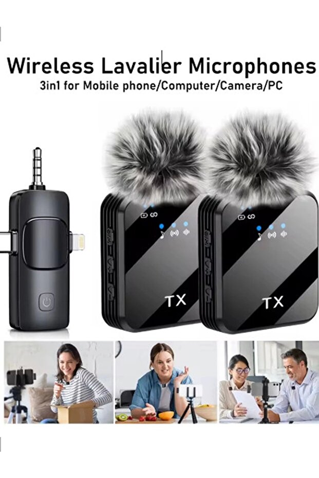 Yüksek Kalite Profesyonel 3 In 1 Kablosuz Taşınabilir Yaka Mikrofonu Tüylü - 3