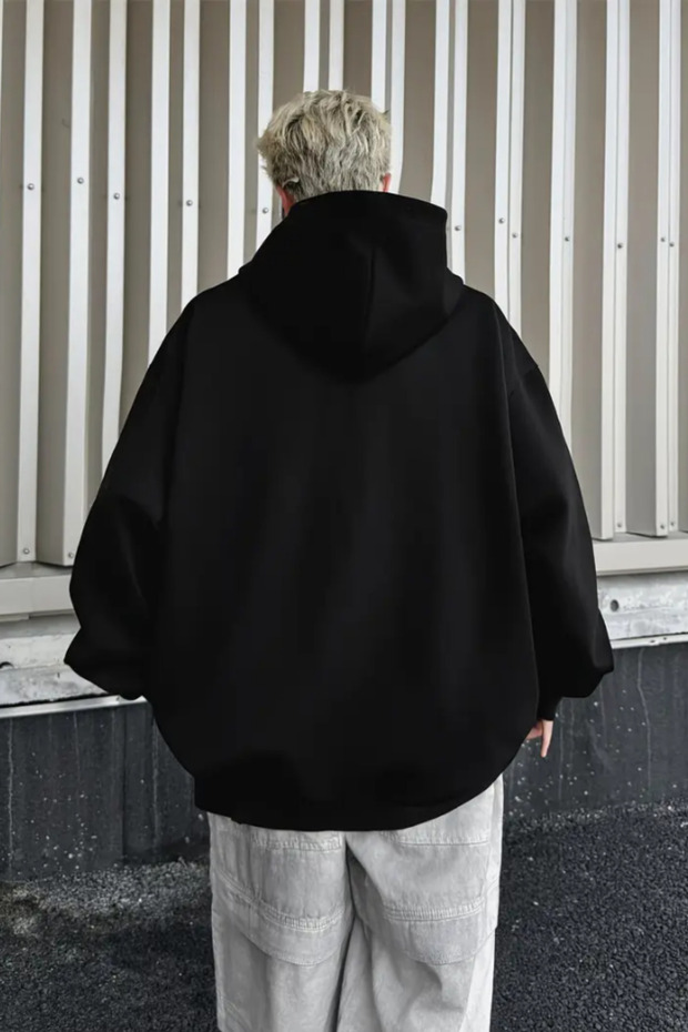 Erkek Siyah Kapüşonlu Oversize Sweatshirt - 4