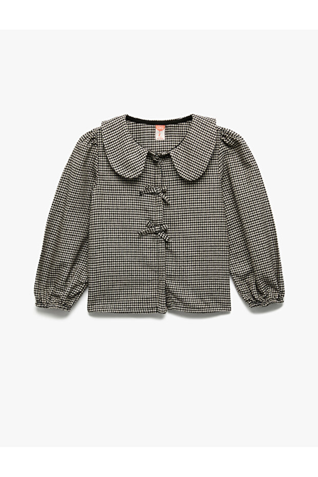 Cotton Long Sleeve Balloon Sleeve Checkered Baby Collar Shirt