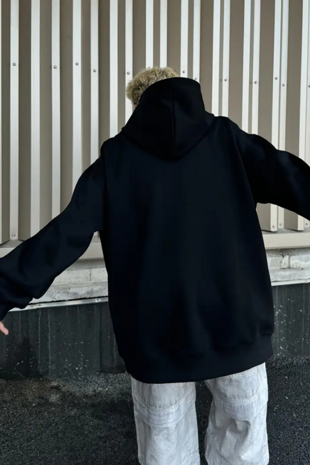 Erkek Siyah Kapüşonlu Oversize Sweatshirt - 6