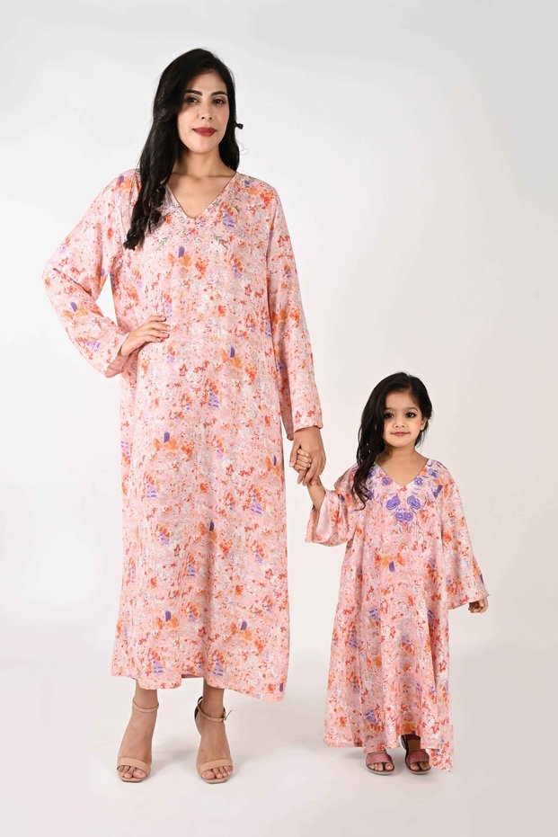 Kids Jalabiya – Orange Abstract Print with Purple Floral Embroidered Neckline