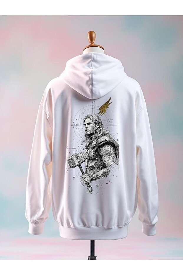 Printed Cotton 3 Thread Oversized White Sweatshirt