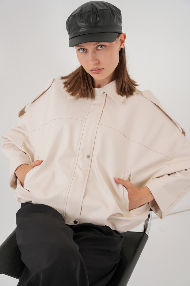 Kadın Oversize Deri Ceket 1055 - Ekru - 3