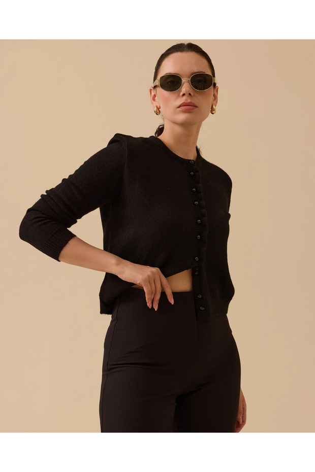 Düğmeli Bel Boy Triko Hırka - 1