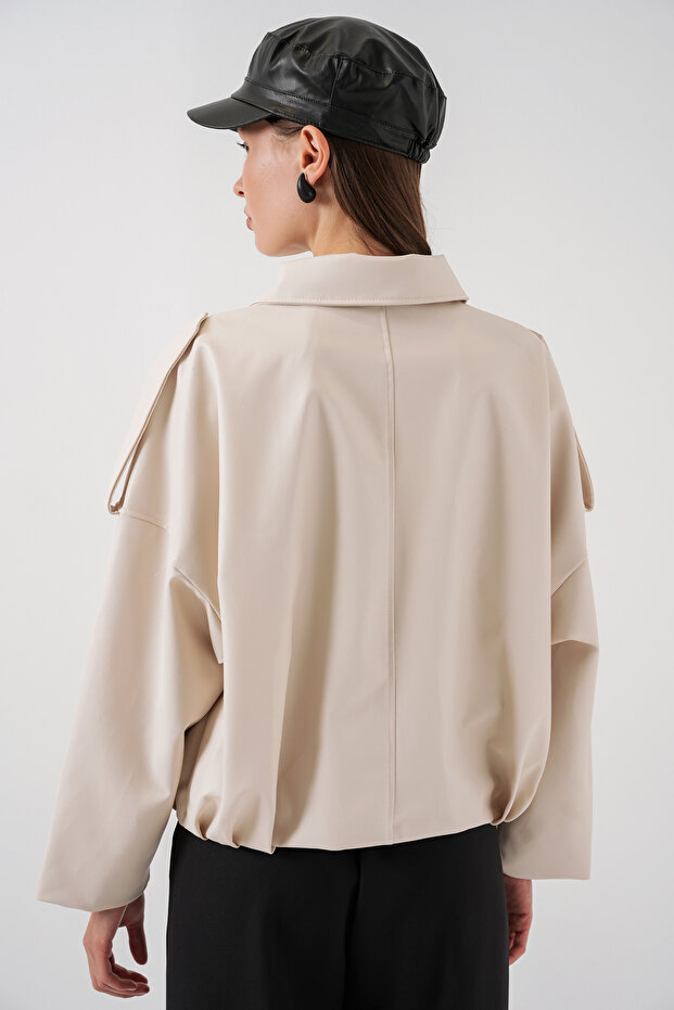 Kadın Oversize Deri Ceket 1055 - Ekru - 7