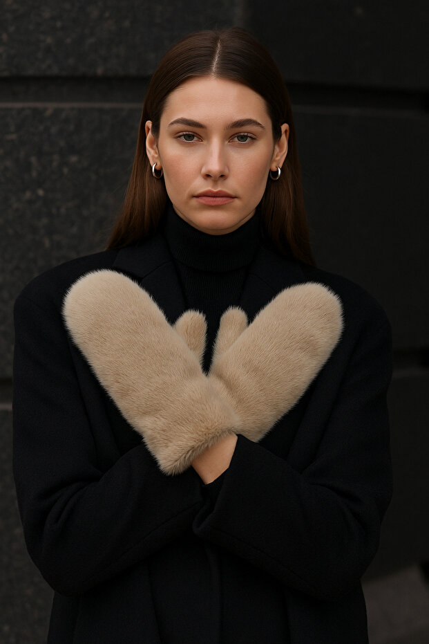 Kadın Bej Peluş Eldiven ELD32 - 3