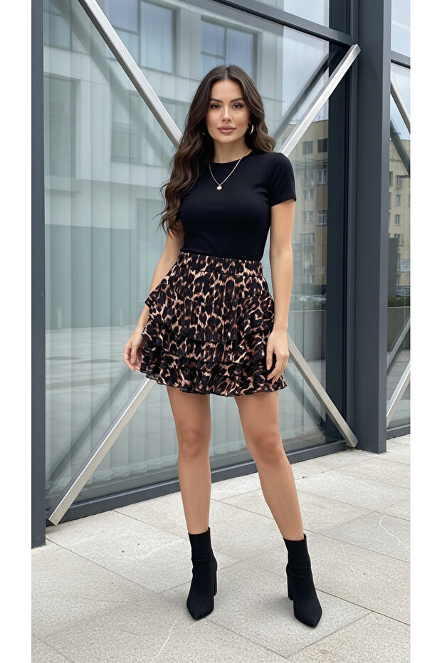 Leopard Printed Patterned Ruffled Crinkled Mykonos Women's Mini Skirt