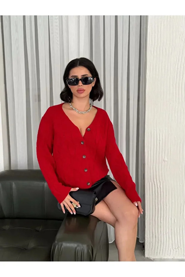 Buttoned Knitted Patterned Cardigan - 2