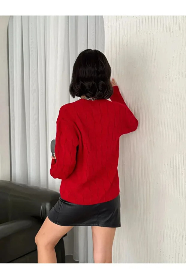 Buttoned Knitted Patterned Cardigan - 5