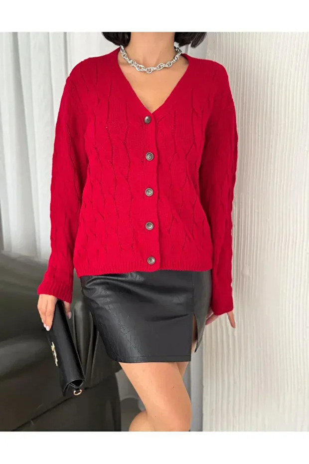 Buttoned Knitted Patterned Cardigan - 3