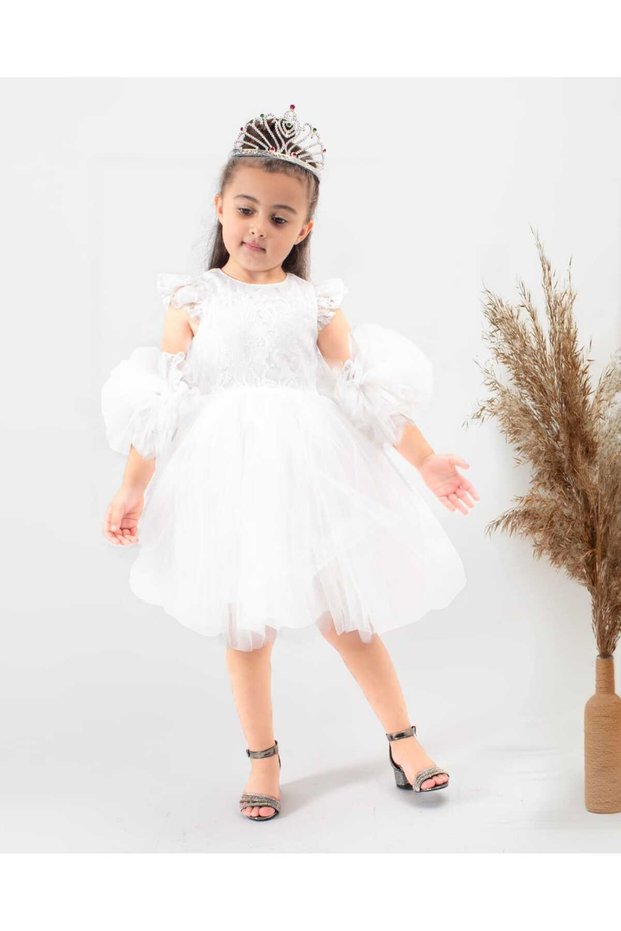 Girl's Pompom Sleeve Wedding Party Birthday April 23 May 19 October 29 Show Dress