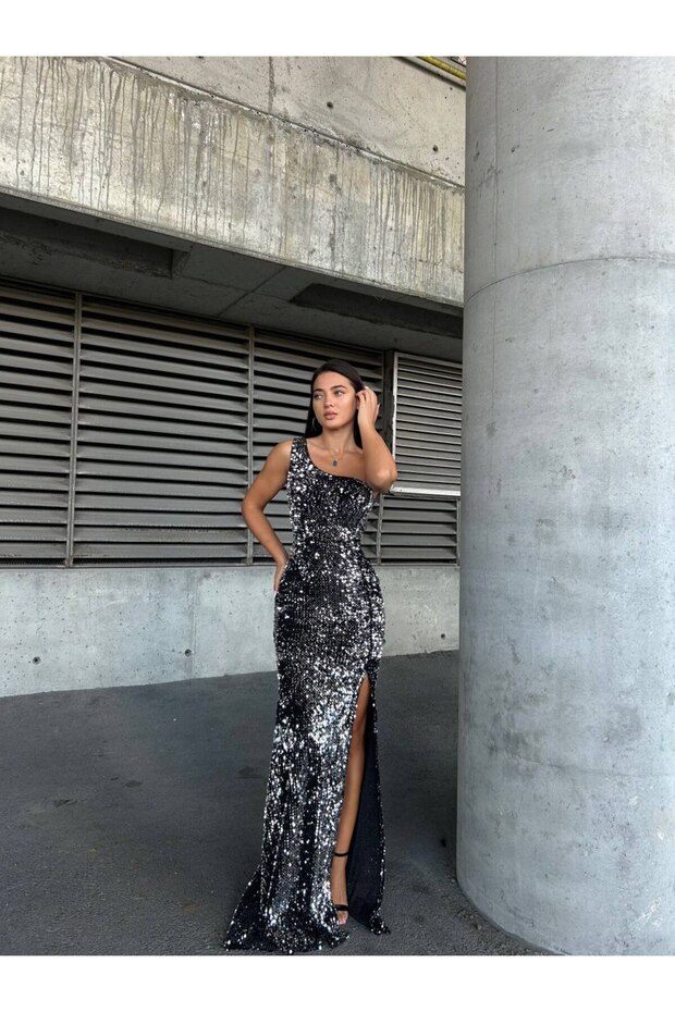 Women's Anthracite Velvet Fabric One-Shoulder Slit Back Detail Lined Sequin Maxi Evening Dress