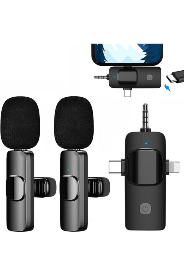 Kablosuz Yaka Mikrofonu 2'li Wireless Mikrofon Seti – Type-C, 3.5mm – YouTube, Canlı Yayın, Röportaj - 4